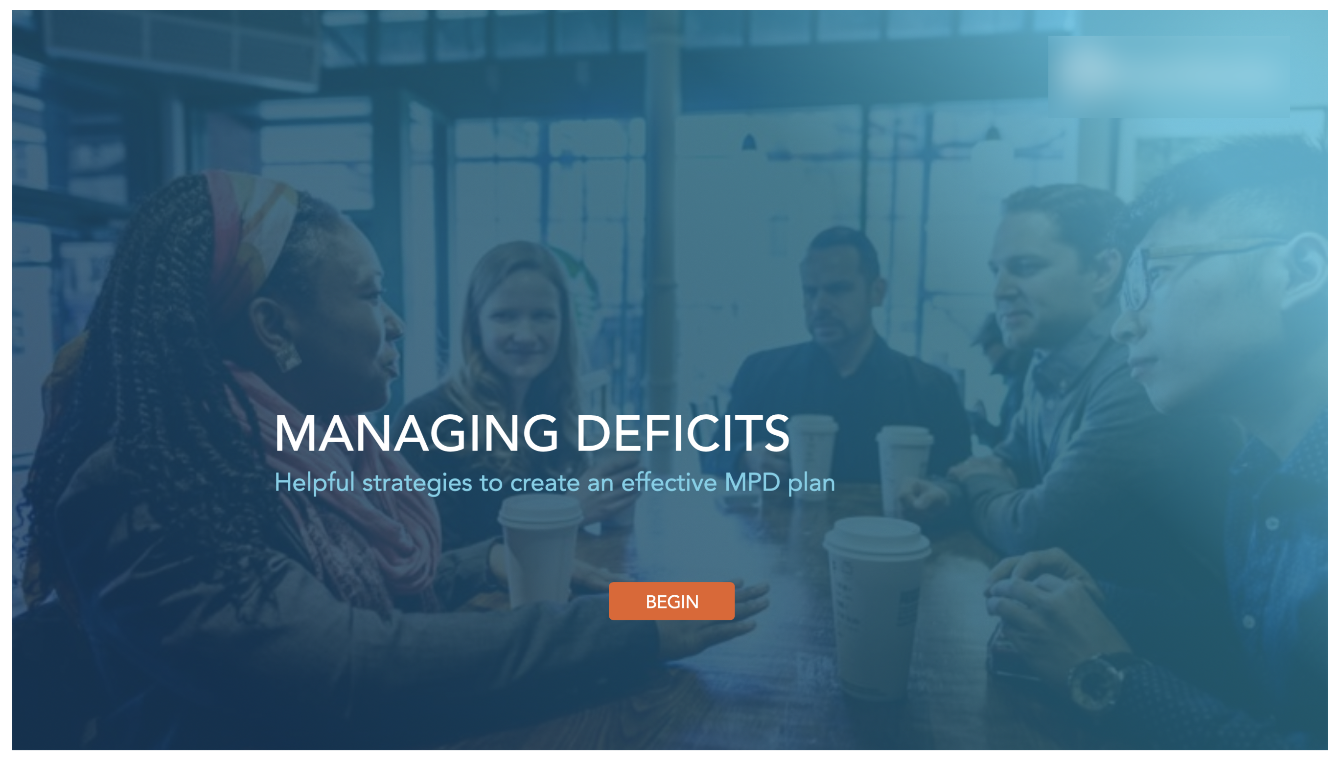A diverse group of people talking at a table in a coffee shop with a blue overlay graphic.